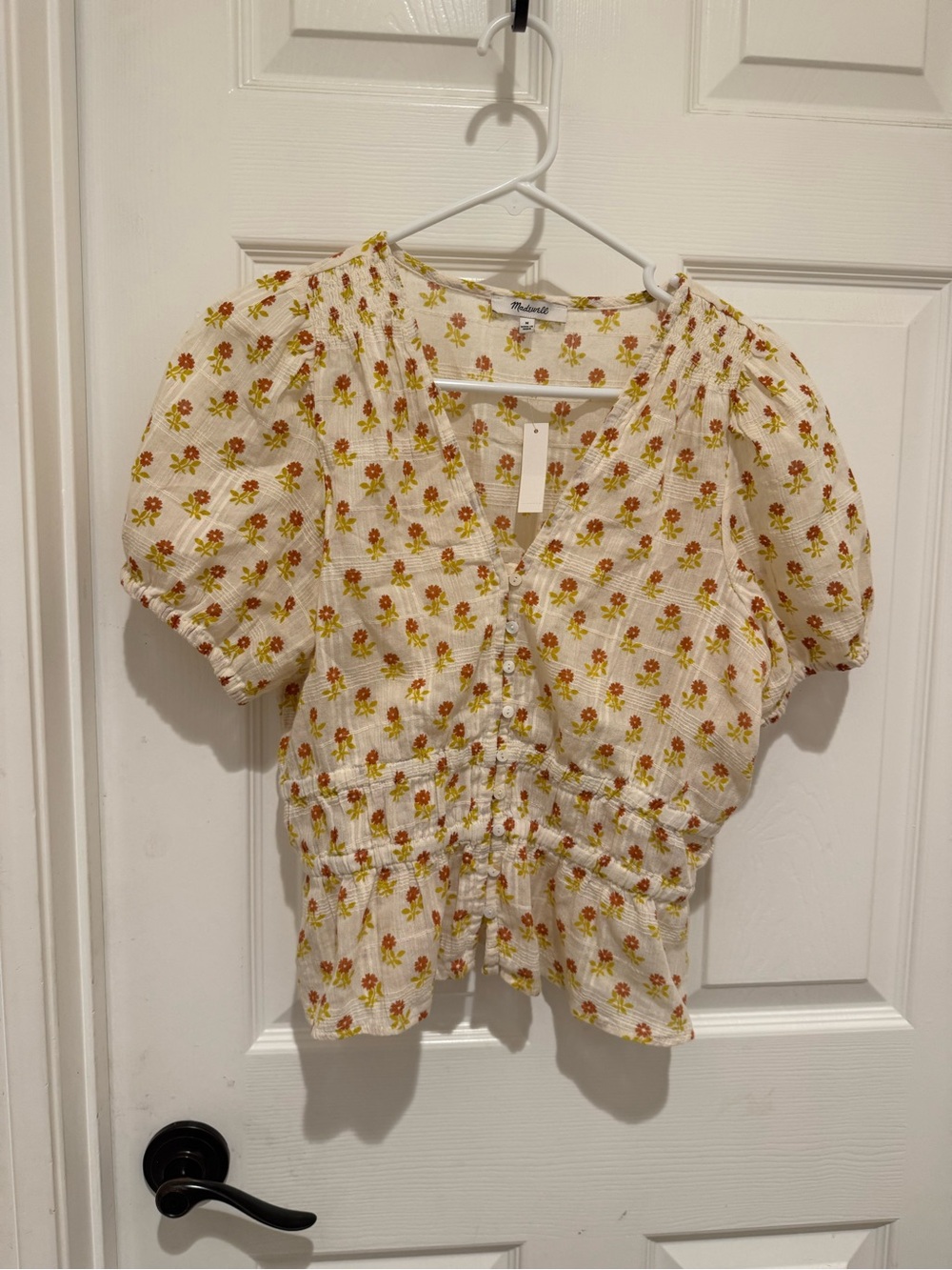 Madewell Sophia Cream wild calendula Floral Puff-Sleeve Button-Front Top